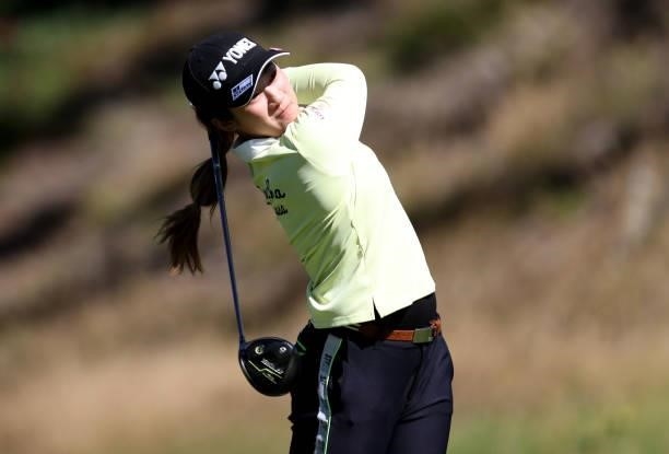 Suzuka Yamaguchi of Japan tees off on the 13th hole during the first round of the LPGA Mediheal Championship at Lake Merced Golf Club on June 11,...