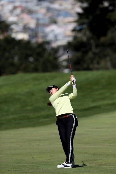 Suzuka Yamaguchi of Japan hits on the 13th hole during the first round of the LPGA Mediheal Championship at Lake Merced Golf Club on June 11, 2021 in...