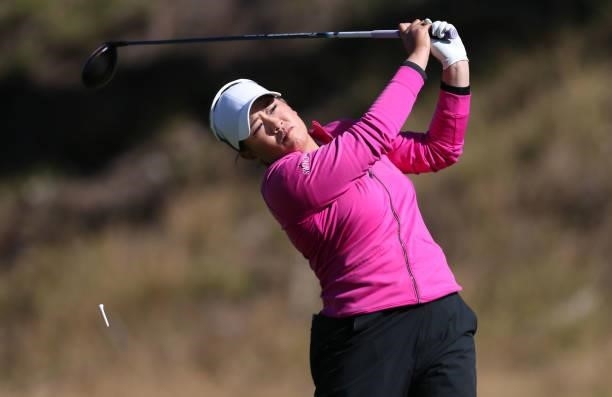 Jasmine Suwannapura of Thailand hits on the 13th hole during the first round of the LPGA Mediheal Championship at Lake Merced Golf Club on June 11,...