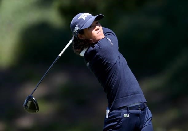 Celine Boutier of France hits on the 13th hole during the second round of the LPGA Mediheal Championship at Lake Merced Golf Club on June 11, 2021 in...