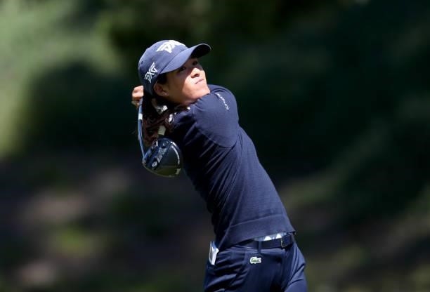 Celine Boutier of France hits on the 13th hole during the second round of the LPGA Mediheal Championship at Lake Merced Golf Club on June 11, 2021 in...