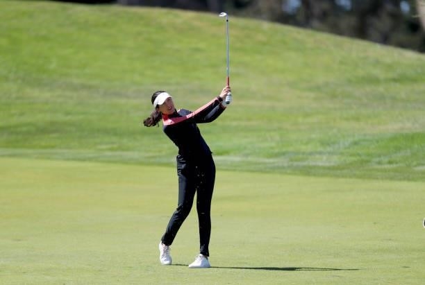 Albane Valenzuela of Switzerland hits on the 12th hole during the second round of the LPGA Mediheal Championship at Lake Merced Golf Club on June 11,...