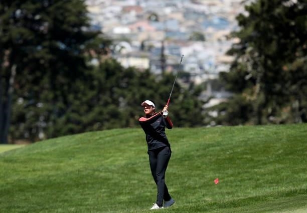 Albane Valenzuela of Switzerland hits on the 13th hole during the second round of the LPGA Mediheal Championship at Lake Merced Golf Club on June 11,...