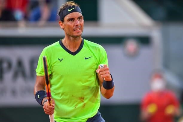 Rafael NADAL of Spain celebrates during the ninth round of Roland Garros at Roland Garros on June 11, 2021 in Paris, France.