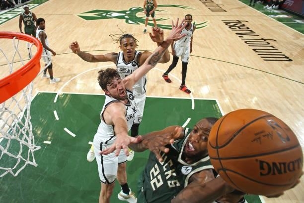 Khris Middleton of the Milwaukee Bucks shoots the ball against the Brooklyn Nets during Round 2, Game 3 of the 2021 NBA Playoffs on June 10, 2021 at...
