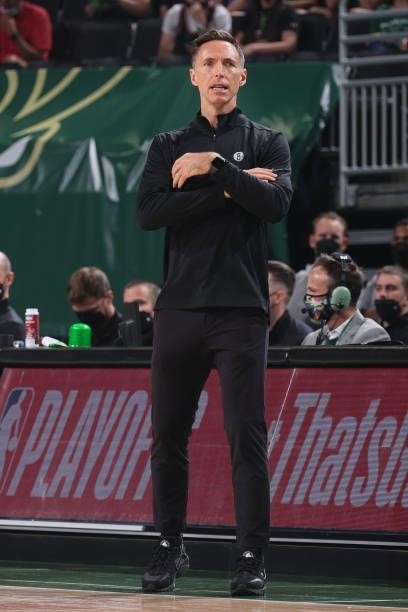 Head Coach Steve Nash of the Brooklyn Nets looks on during Round 2, Game 3 of the 2021 NBA Playoffs on June 10, 2021 at the Fiserv Forum Center in...