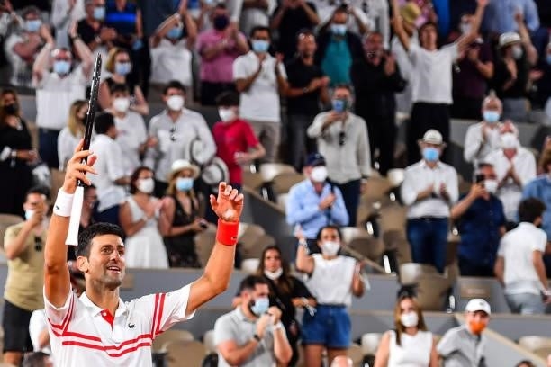Novak DJOKOVIC of Serbia celebrates during the ninth round of Roland Garros at Roland Garros on June 11, 2021 in Paris, France.