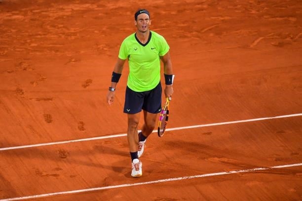 Rafael NADAL of Spain looks dejected during the ninth round of Roland Garros at Roland Garros on June 11, 2021 in Paris, France.