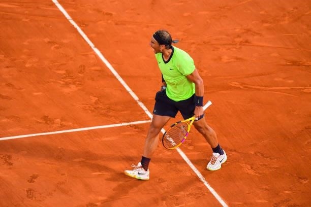 Rafael NADAL of Spain reacts during the ninth round of Roland Garros at Roland Garros on June 11, 2021 in Paris, France.