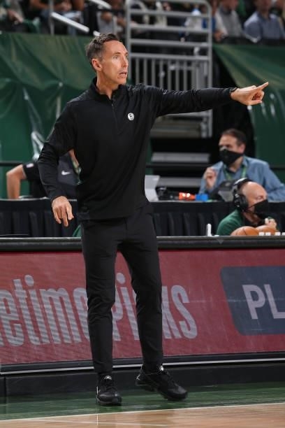Head Coach Steve Nash of the Brooklyn Nets looks on during Round 2, Game 3 of the 2021 NBA Playoffs on June 10, 2021 at the Fiserv Forum Center in...