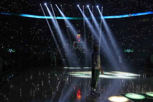 Generic basketball photo of Mamadi Diakite of the Milwaukee Bucks running out before Round 2, Game 3 of the 2021 NBA Playoffs on June 10, 2021 at the...