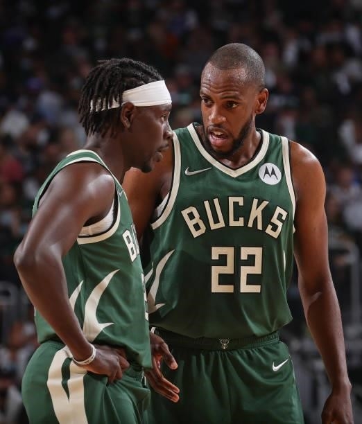 Jrue Holiday and Khris Middleton of the Milwaukee Bucks talk during Round 2, Game 3 of the 2021 NBA Playoffs on June 10, 2021 at the Fiserv Forum...