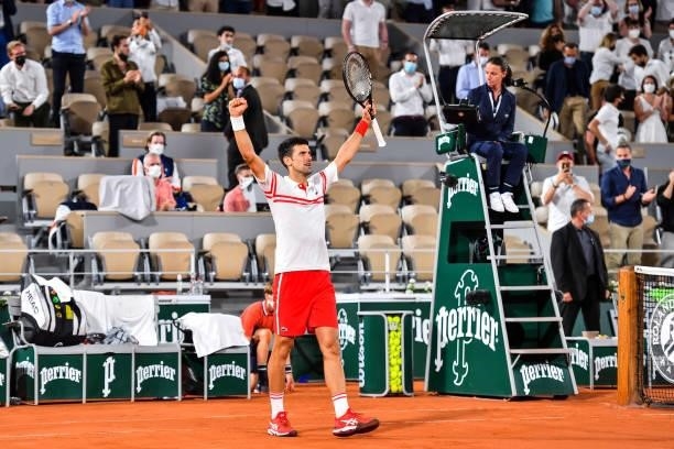 Novak DJOKOVIC of Serbia celebrates during the ninth round of Roland Garros at Roland Garros on June 11, 2021 in Paris, France.