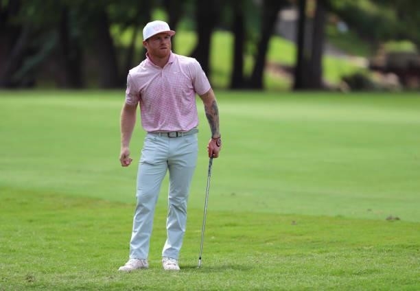 Canelo Alvarez watches his second shot on the 10th hole during the second round of the BMW Charity Pro-Am presented by Synnex Corporation at the...