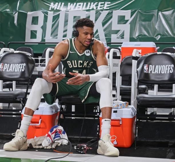 Giannis Antetokounmpo of the Milwaukee Bucks is interviewed during Round 2, Game 3 of the 2021 NBA Playoffs on June 10, 2021 at the Fiserv Forum...