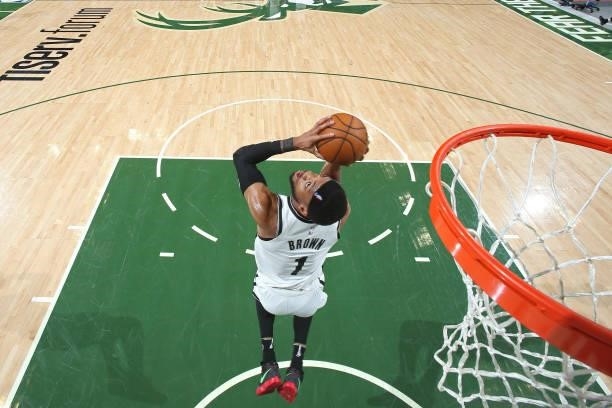 Bruce Brown of the Brooklyn Nets shoots the ball against the Milwaukee Bucks during Round 2, Game 3 of the 2021 NBA Playoffs on June 10, 2021 at the...