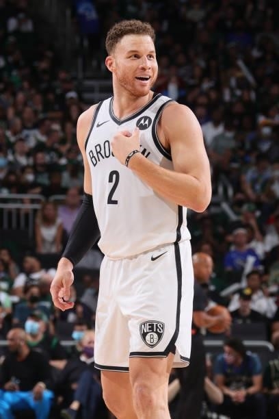 Blake Griffin of the Brooklyn Nets smiles during Round 2, Game 3 of the 2021 NBA Playoffs on June 10, 2021 at the Fiserv Forum Center in Milwaukee,...