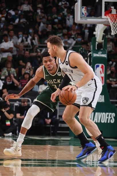 Giannis Antetokounmpo of the Milwaukee Bucks plays defense on Blake Griffin of the Brooklyn Nets during Round 2, Game 3 of the 2021 NBA Playoffs on...