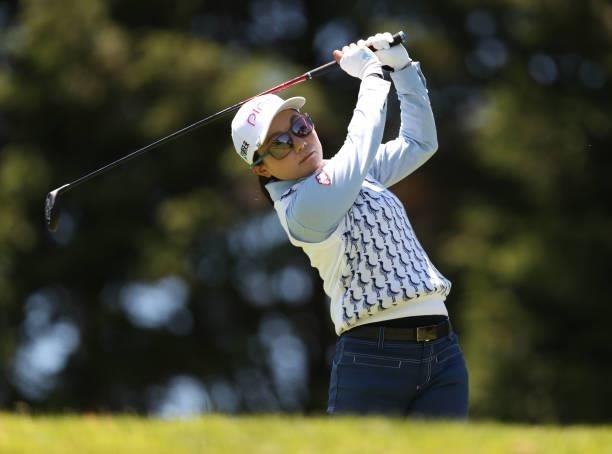 Ayako Uehara of Japan hits a shot on the 3rd hole during the second round of the LPGA Mediheal Championship at Lake Merced Golf Club on June 11, 2021...