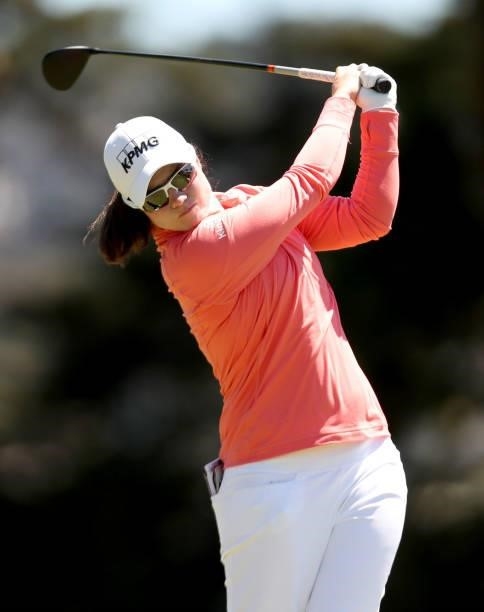 Leona Maguire of Ireland hits a shot on the 7th hole during the second round of the LPGA Mediheal Championship at Lake Merced Golf Club on June 11,...