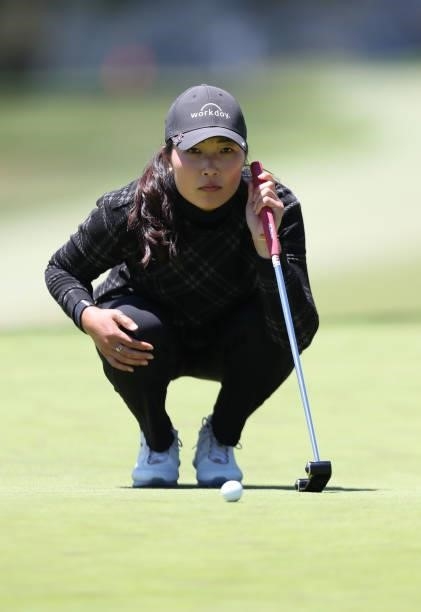 Lauren Kim of the United States puts on the 18th hole during the second round of the LPGA Mediheal Championship at Lake Merced Golf Club on June 11,...