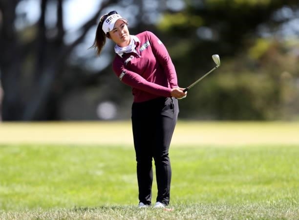Lauren Kim of the United States hits a shot on the 11th hole during the second round of the LPGA Mediheal Championship at Lake Merced Golf Club on...