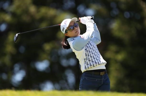 Ayako Uehara of Japan hits a shot on the 3rd hole during the second round of the LPGA Mediheal Championship at Lake Merced Golf Club on June 11, 2021...
