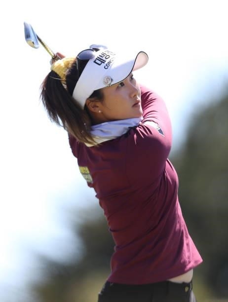 Lauren Kim of the United States hits a shot on the 12th hole during the second round of the LPGA Mediheal Championship at Lake Merced Golf Club on...