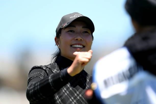 Lauren Kim of the United States reacts after finishing on the 18th hole during the second round of the LPGA Mediheal Championship at Lake Merced Golf...