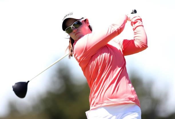 Leona Maguire of Ireland hits a shot on the 8th hole during the second round of the LPGA Mediheal Championship at Lake Merced Golf Club on June 11,...