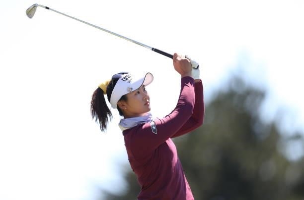 Lauren Kim of the United States hits a shot on the 12th hole during the second round of the LPGA Mediheal Championship at Lake Merced Golf Club on...