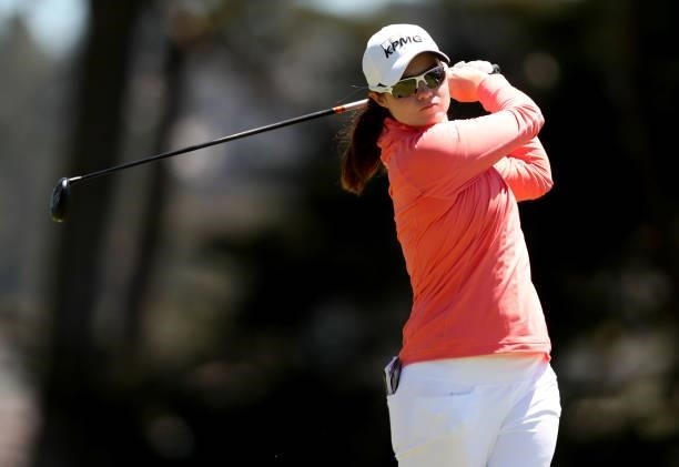 Leona Maguire of Ireland hits a shot on the 7th hole during the second round of the LPGA Mediheal Championship at Lake Merced Golf Club on June 11,...