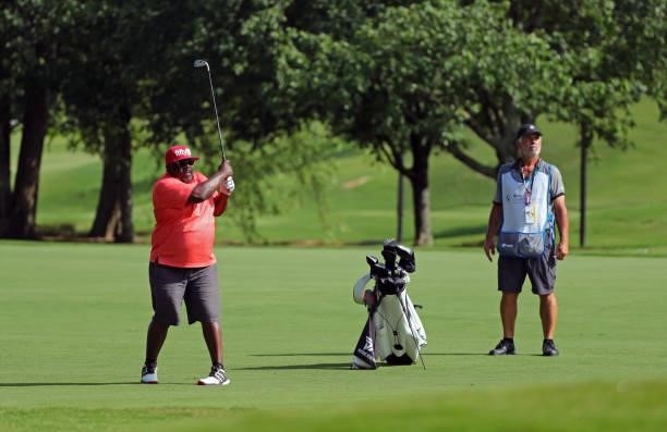 Cedric the Entertainer plays a shot on the fifth hole during the second round of the BMW Charity Pro-Am presented by Synnex Corporation at the...