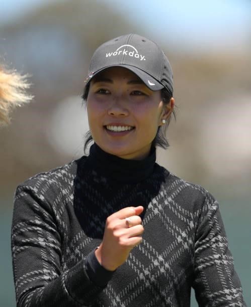 Lauren Kim of the United States reacts after finishing on the 18th hole during the second round of the LPGA Mediheal Championship at Lake Merced Golf...