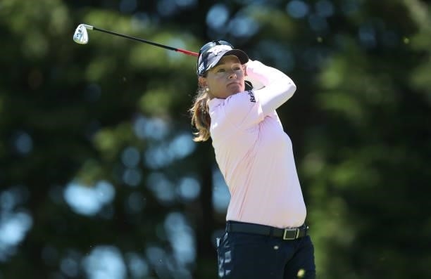 Katherine Kirk of Australia hits a shot on the 3rd hole during the second round of the LPGA Mediheal Championship at Lake Merced Golf Club on June...