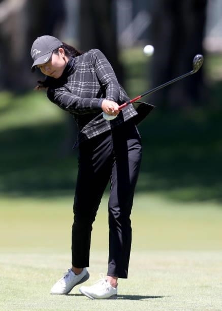 Lauren Kim of the United States hits a shot on the 18th hole during the second round of the LPGA Mediheal Championship at Lake Merced Golf Club on...