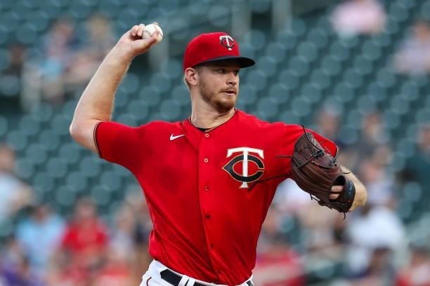 Bailey Ober of the Minnesota Twins delivers a pitch against the Houston Astros in the first inning of the game at Target Field on June 11, 2021 in...