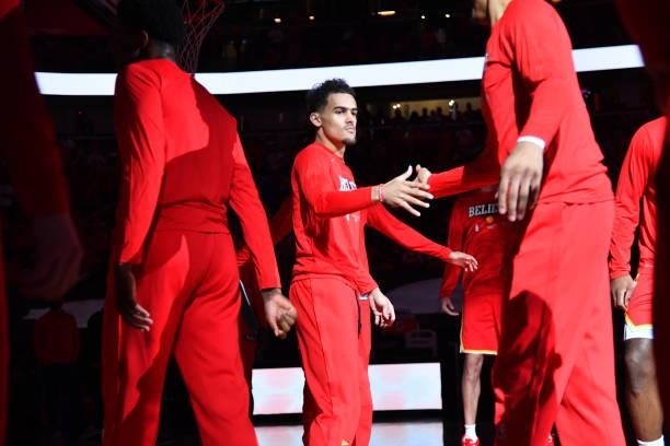 Trae Young of the Atlanta Hawks is introduced prior to a game against the Philadelphia 76ers during Round 2, Game 3 of the Eastern Conference...