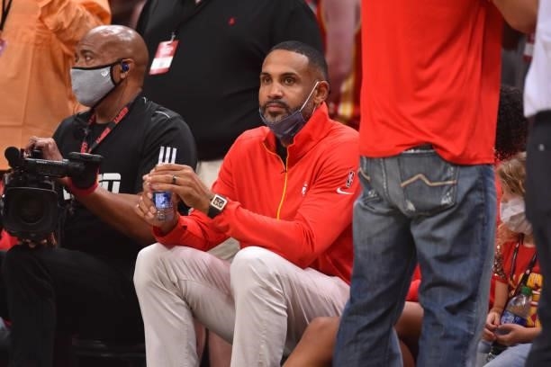 Former NBA Player, Grant Hill, attends a game between the Philadelphia 76ers and the Atlanta Hawks during Round 2, Game 3 of the Eastern Conference...