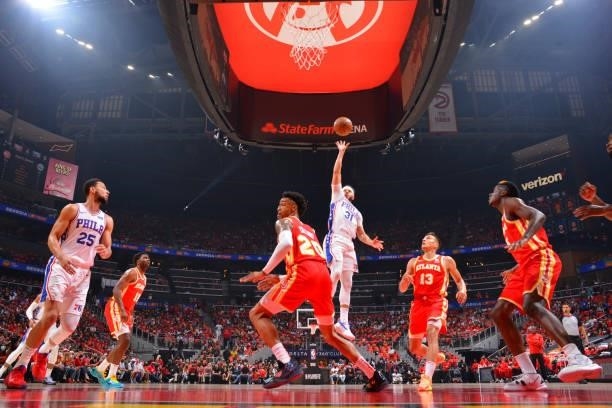 Seth Curry of the Philadelphia 76ers shoots the ball against the Atlanta Hawks during Round 2, Game 3 of the Eastern Conference Playoffs on June 11,...