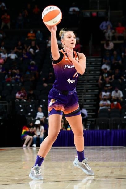 Alanna Smith of the Phoenix Mercury looks to pass the ball during the game against the Dallas Wings on June 11, 2021 at Phoenix Suns Arena in...
