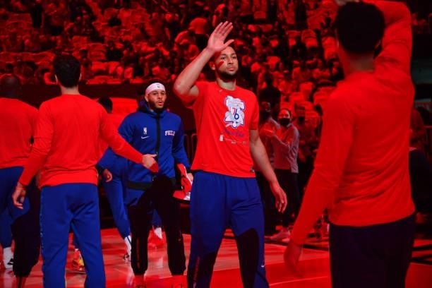 Ben Simmons of the Philadelphia 76ers is introduced prior to a game against the Atlanta Hawks during Round 2, Game 3 of the Eastern Conference...