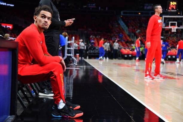 Trae Young of the Atlanta Hawks looks on prior to a game against the Philadelphia 76ers during Round 2, Game 3 of the Eastern Conference Playoffs on...