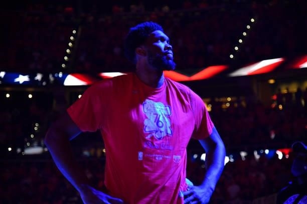 Joel Embiid of the Philadelphia 76ers looks on prior to a game against the Atlanta Hawks during Round 2, Game 3 of the Eastern Conference Playoffs on...