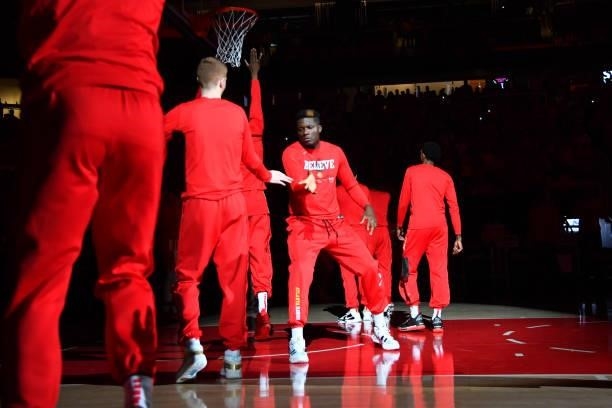 Clint Capela of the Atlanta Hawks is introduced prior to a game against the Philadelphia 76ers during Round 2, Game 3 of the Eastern Conference...