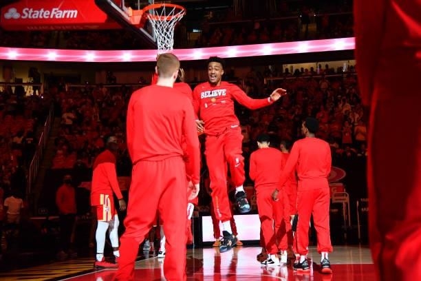 John Collins of the Atlanta Hawks is introduced prior to a game against the Philadelphia 76ers during Round 2, Game 3 of the Eastern Conference...
