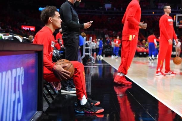 Trae Young of the Atlanta Hawks looks on prior to a game against the Philadelphia 76ers during Round 2, Game 3 of the Eastern Conference Playoffs on...