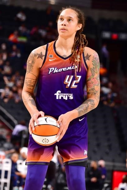 Brittney Griner of the Phoenix Mercury prepares to shoot a free throw against the Dallas Wings on June 11, 2021 at Phoenix Suns Arena in Phoenix,...