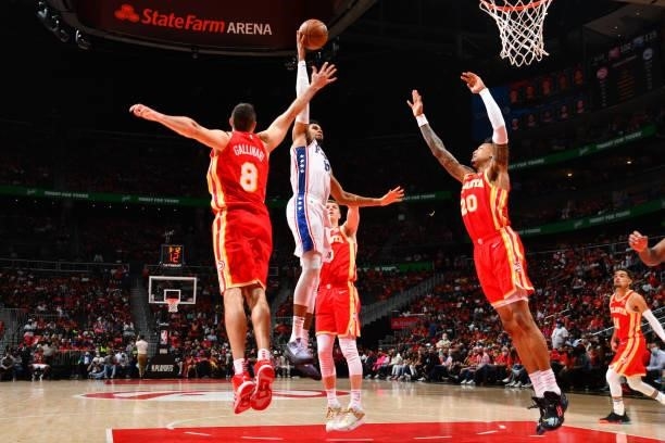 Tobias Harris of the Philadelphia 76ers shoots the ball against the Atlanta Hawks during Round 2, Game 3 of the Eastern Conference Playoffs on June...
