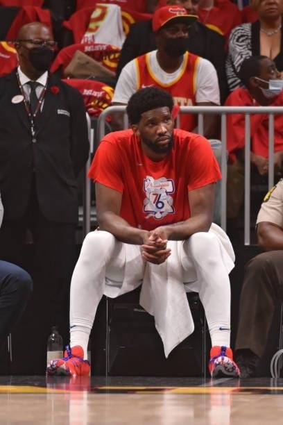 Joel Embiid of the Philadelphia 76ers looks on during a game against the Atlanta Hawks during Round 2, Game 3 of the Eastern Conference Playoffs on...